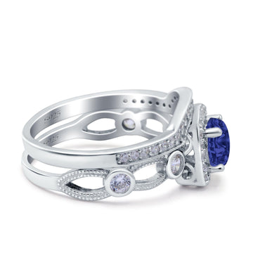 Two Piece Art Deco Wedding Ring Band Round Simulated Blue Sapphire CZ 925 Sterling Silver